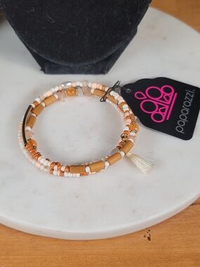 paparazzi Peach, White & Tan Multi-Strand Beaded Coil Bracelet